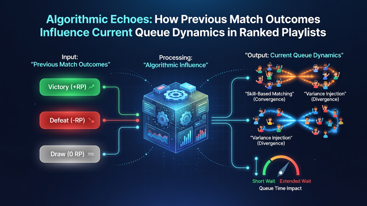 Diagram illustrating how win-loss histories feed into dynamic queue balancing systems across ranked game modes