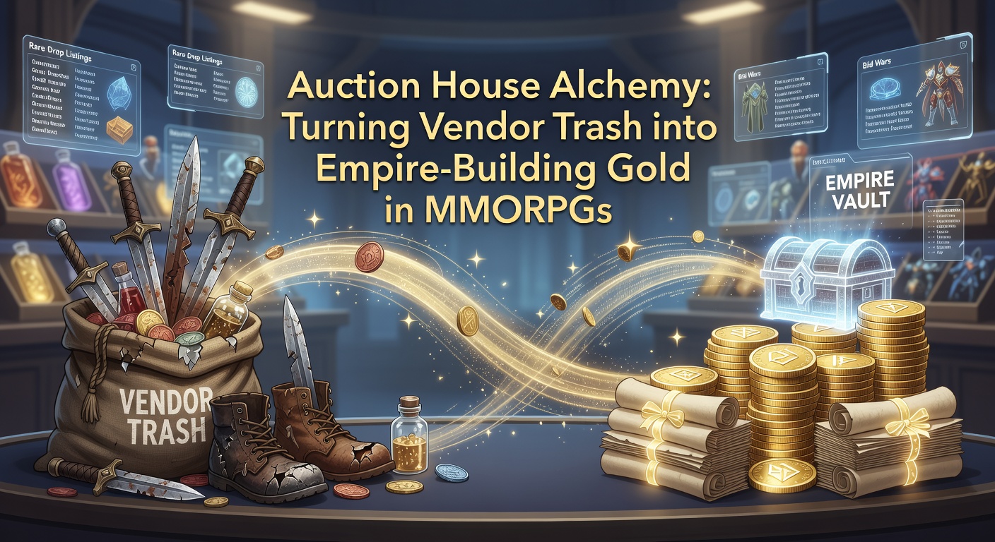 Vibrant auction house interface in an MMORPG crowded with listings of low-level items transforming into stacks of gold coins