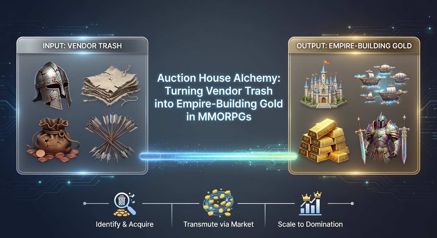Trader meticulously scanning auction house listings on dual monitors, charts overlaying vendor trash price trends