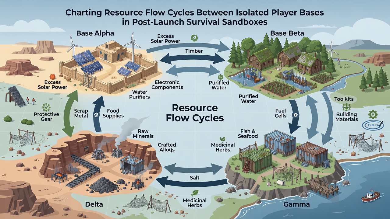 Detailed diagram showing resource exchange networks between remote player bases