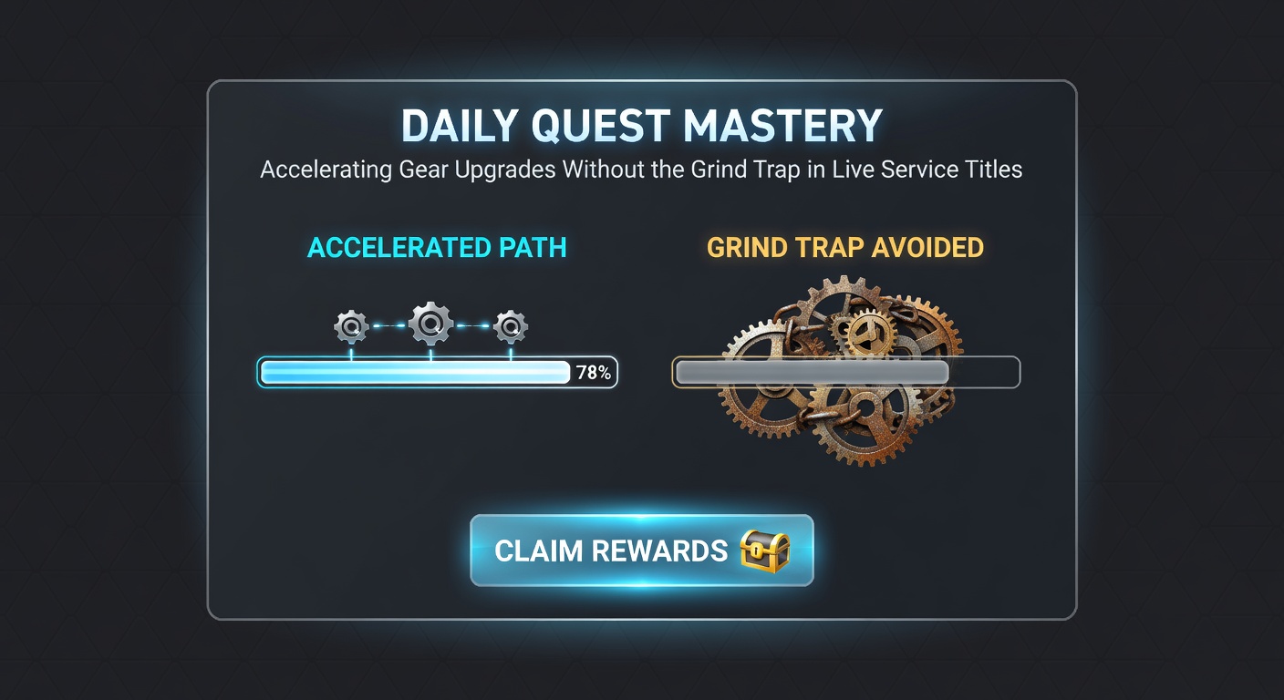 Multiple player characters on alternate accounts simultaneously completing synchronized daily quests in a bustling MMO hub, with upgrade mats piling up