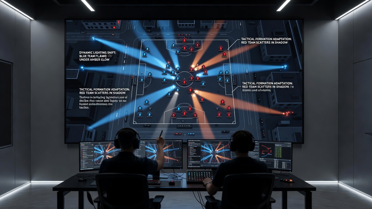 Dynamic lighting effects transforming player positions during a nighttime esports match on a competitive map