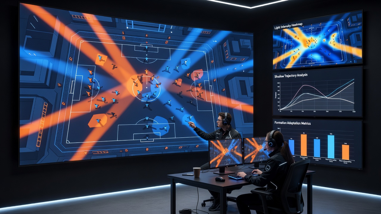 Team formations adjusting around shifting shadows and light sources in a nighttime competitive arena
