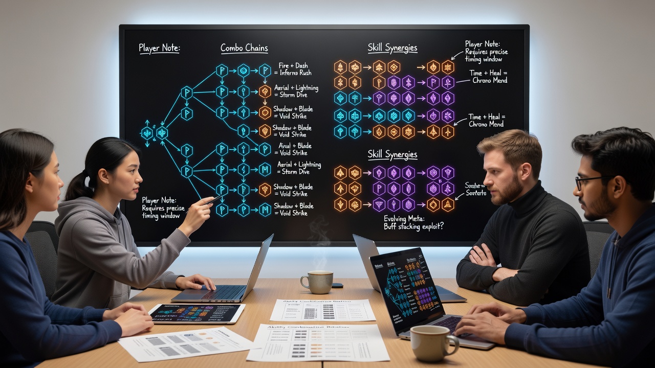 Detailed screenshot of player-shared ability combination charts used in evolving ARPG scenarios