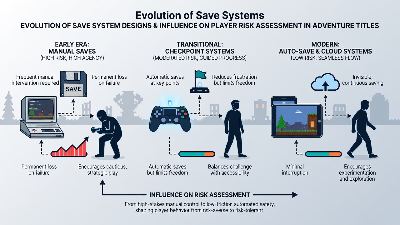 Modern autosave and cloud integration features displayed alongside player behavior analytics in contemporary adventure titles