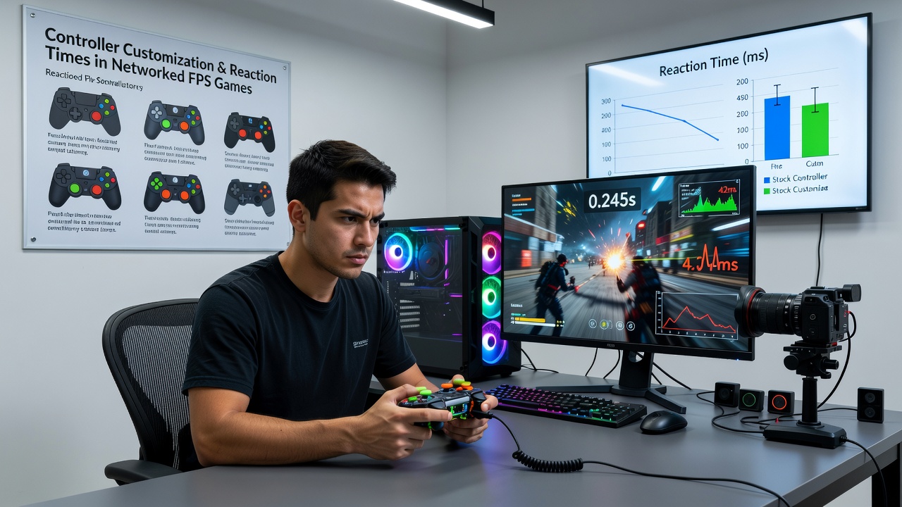 Data visualization of reaction time metrics comparing customized versus stock controllers in networked games