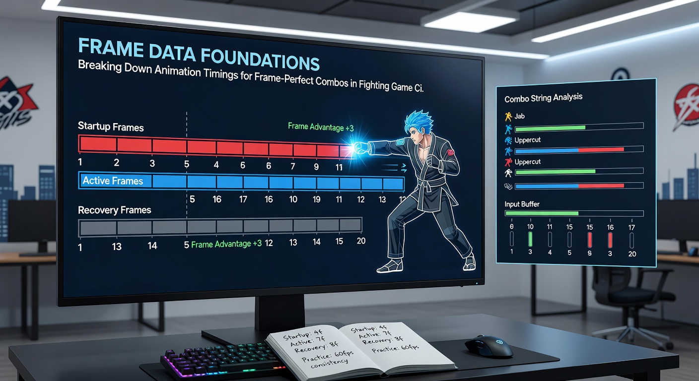 Player using training mode tools to analyze exact frame timings for linking attacks in a fighting game combo