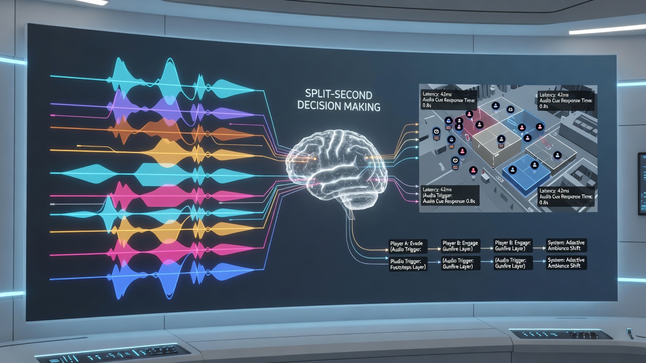 Player interface displaying audio waveform overlays alongside decision prompts in an asynchronous challenge