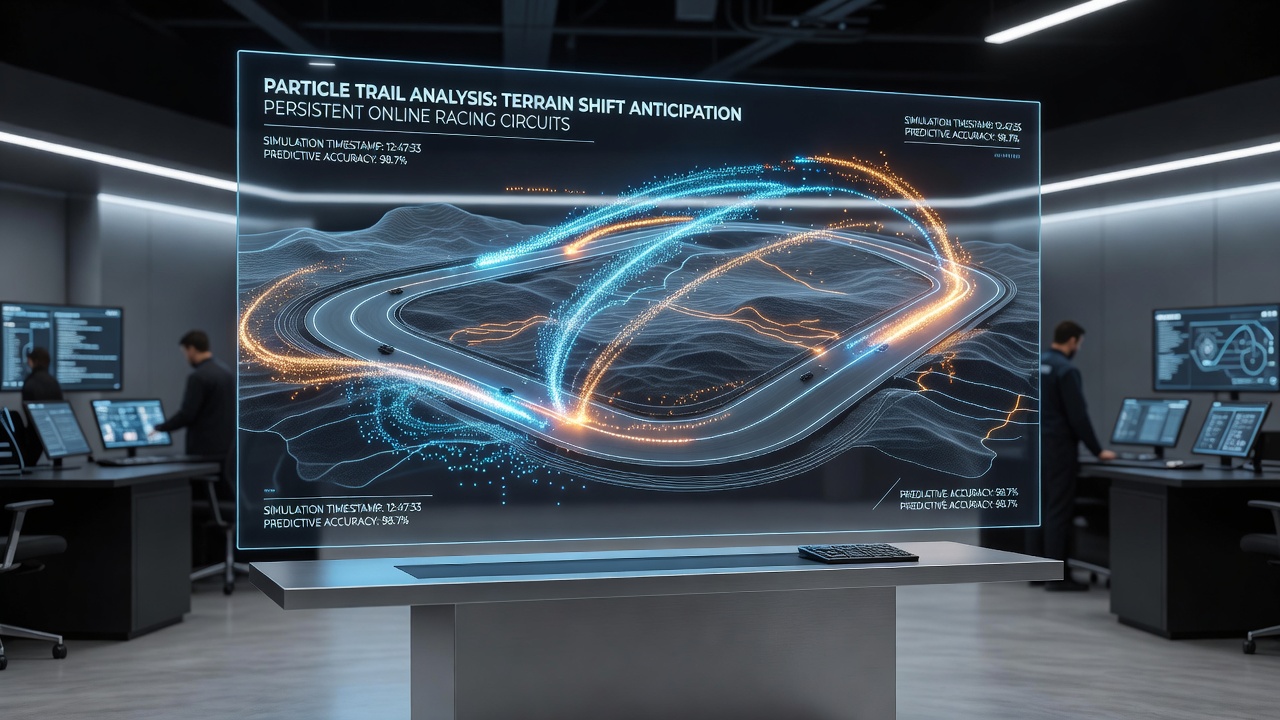 Screenshot showing overlaid particle data analysis on a racing circuit with terrain prediction markers
