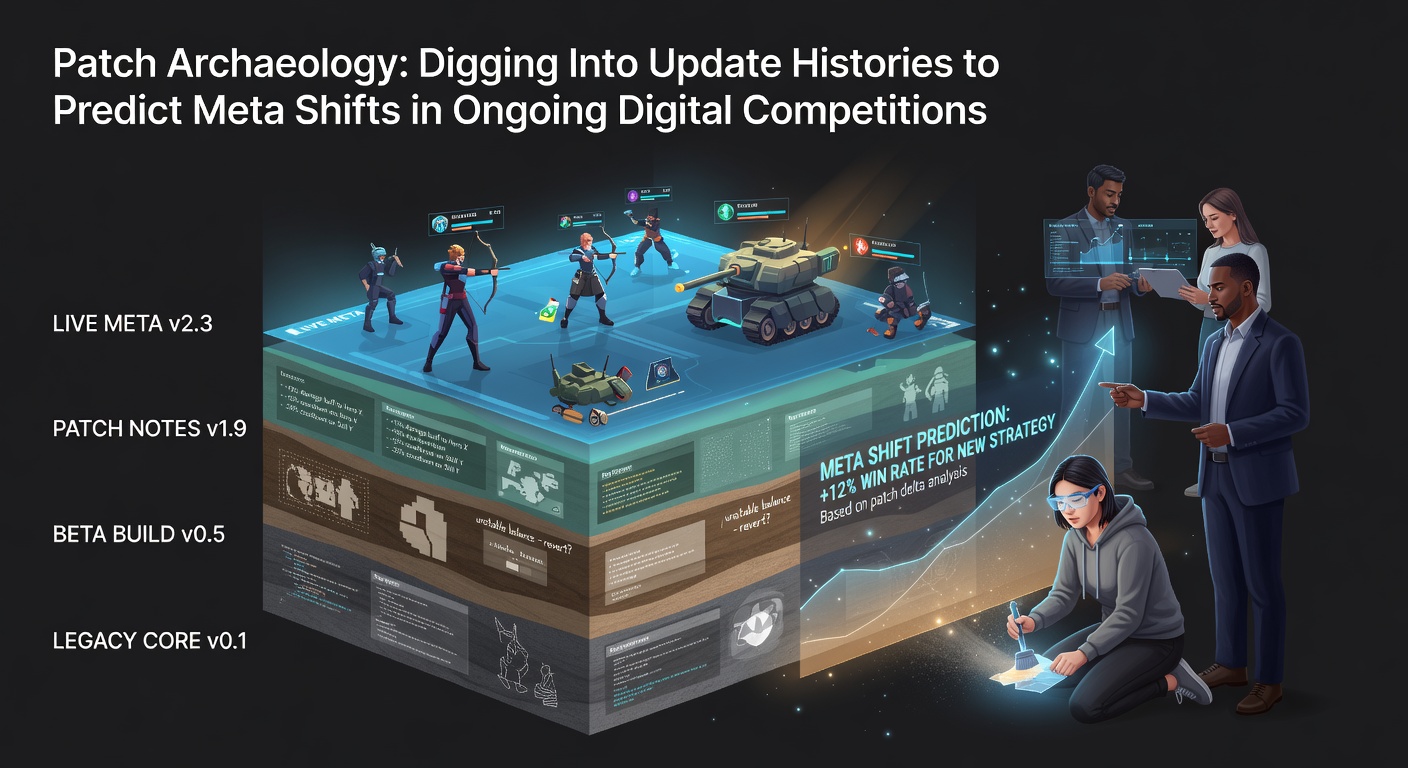 Analysts reviewing historical patch notes and balance data from competitive games on multiple screens