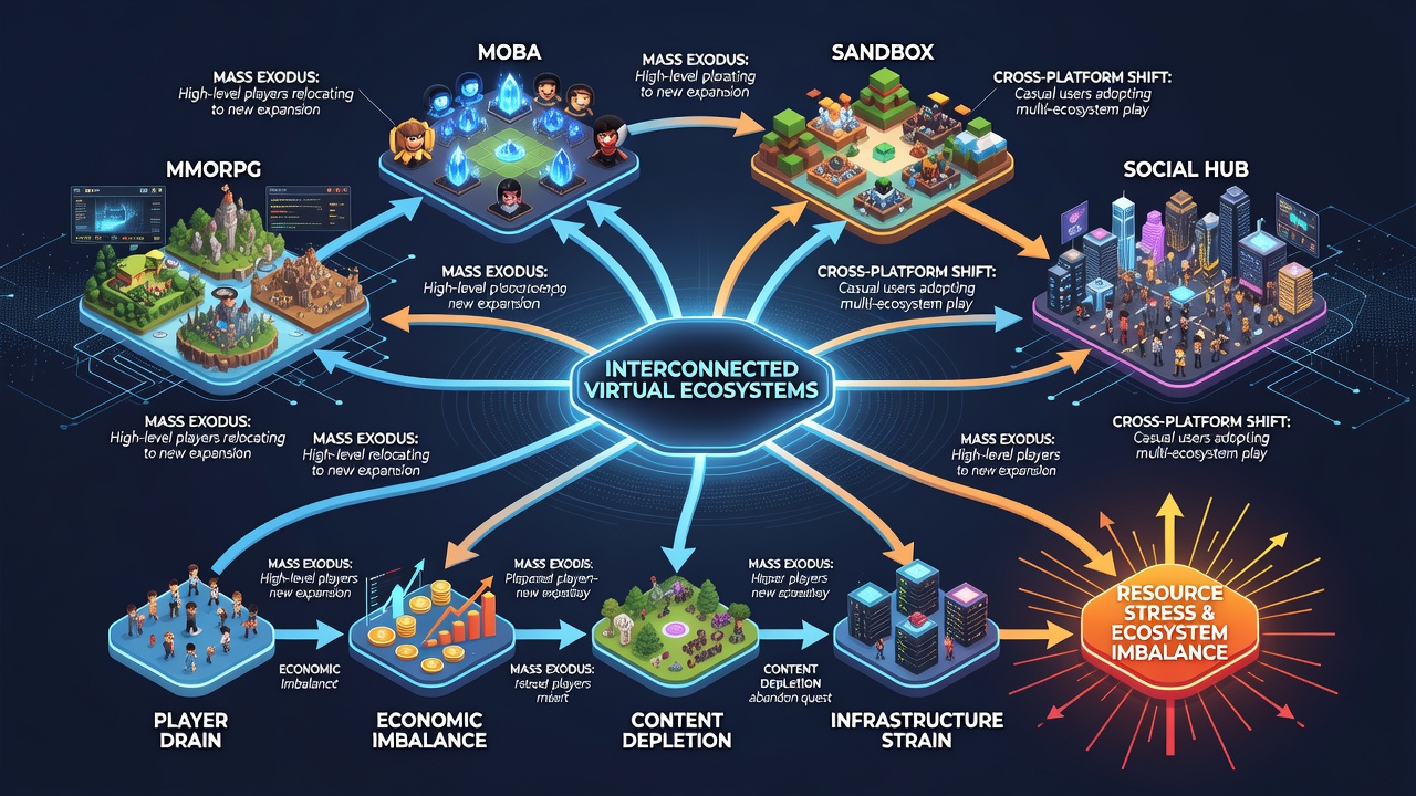 Diagram of resource distribution networks affected by player migration in shared digital realms