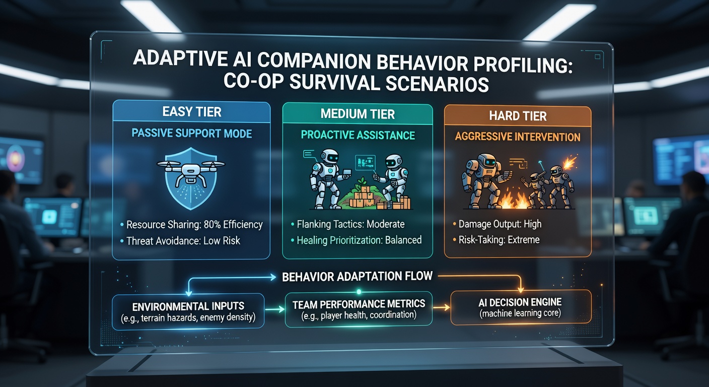 Detailed view of AI companion decision trees adjusting aggression and support roles in co-op survival gameplay
