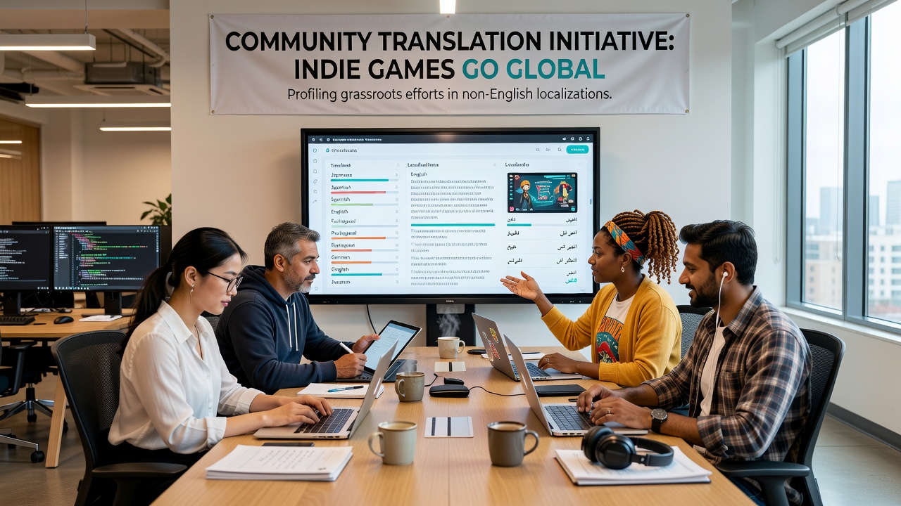 Community translators collaborating on indie game localization projects in a shared workspace