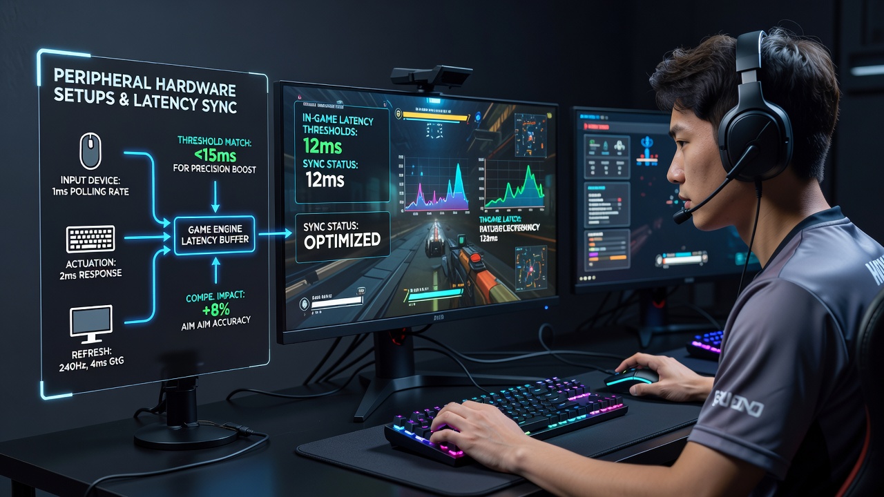 Close-up of synchronized esports peripherals including mouse, keyboard, and monitor displaying latency calibration interface