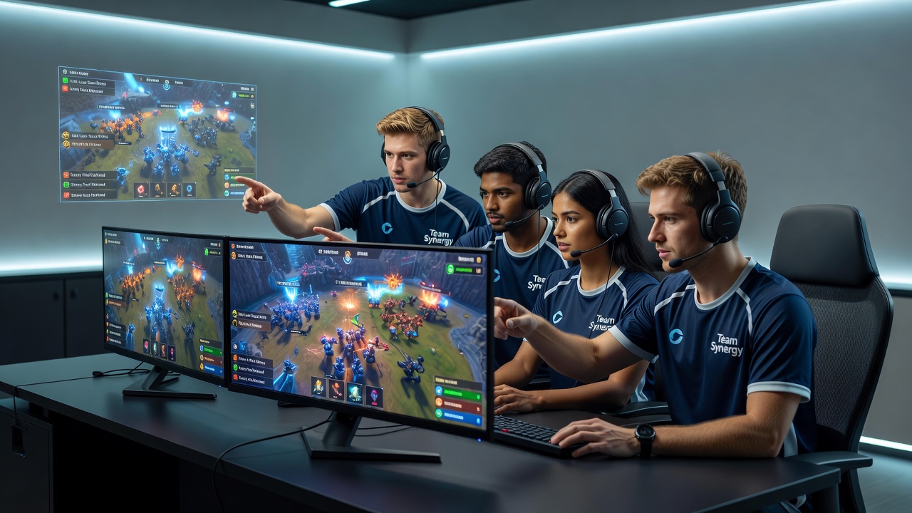 Team members coordinating RTS strategies using shared visual pings and minimap markers during a competitive match
