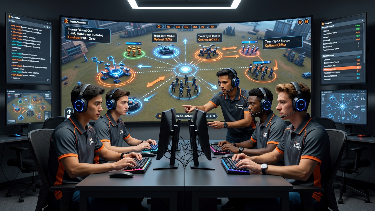 Detailed view of RTS minimap with synchronized team markers and unit path indicators