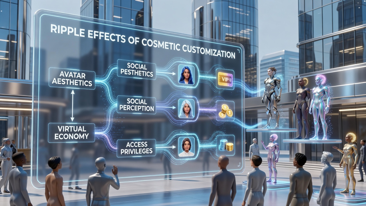 Virtual avatars displaying varied cosmetic customizations in a persistent online world