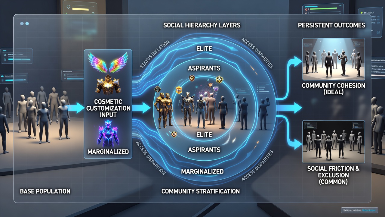 Group of players showcasing hierarchy through distinct cosmetic styles in a virtual social setting