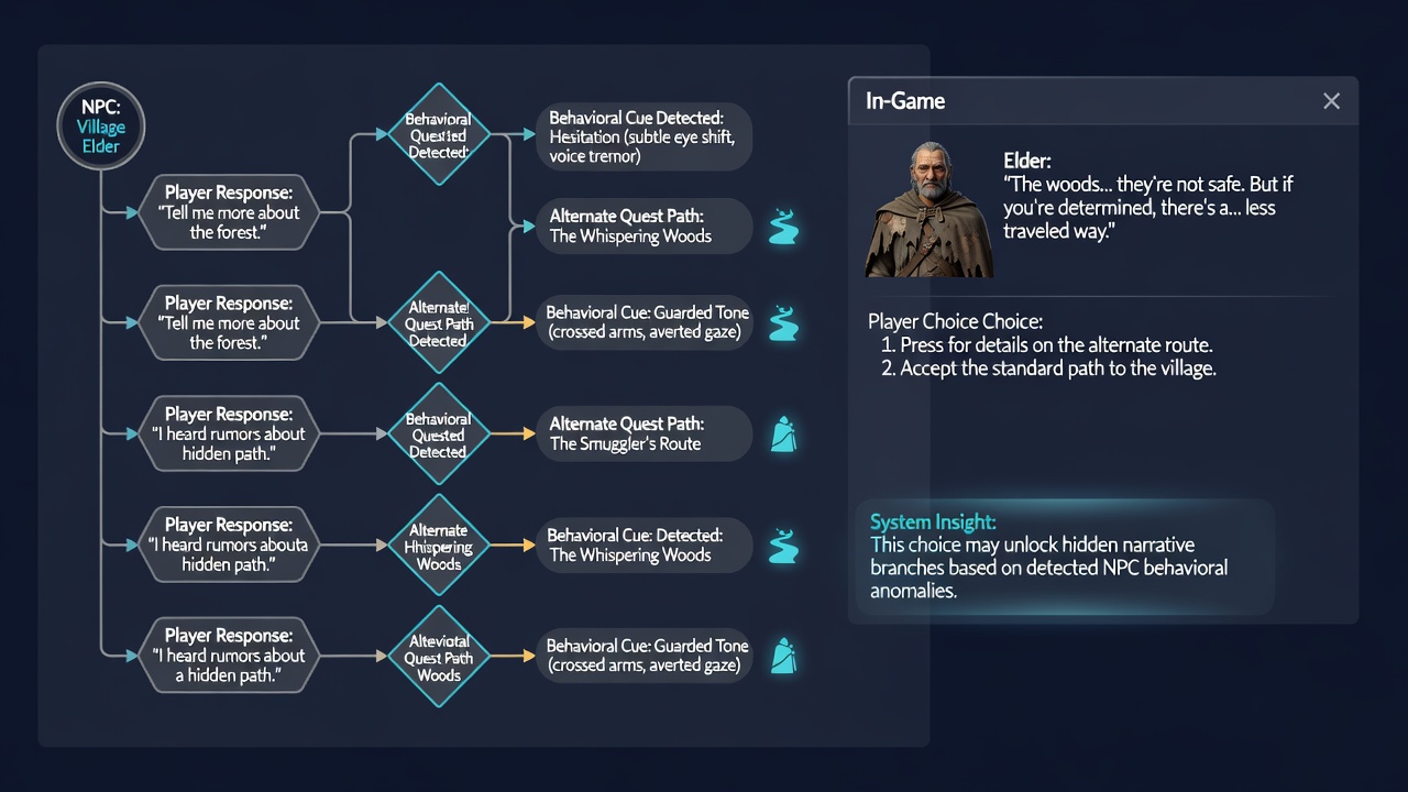 Close-up view of an NPC dialogue screen highlighting highlighted text options and emotional state indicators that suggest branching quest opportunities