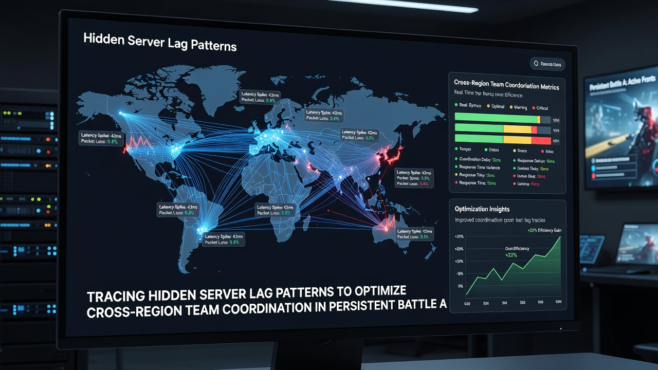 Team coordination interface showing real-time ping overlays and predicted lag compensation adjustments in a battle arena environment