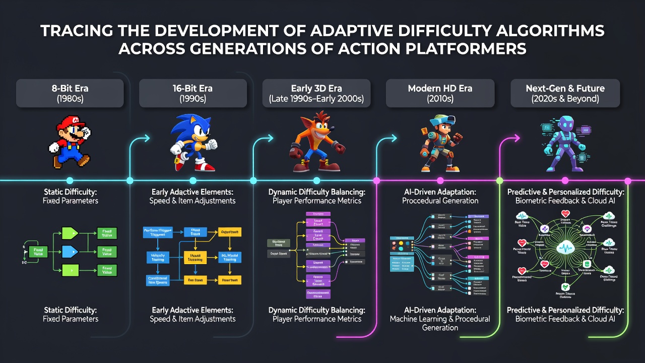 Modern action platformer interface displaying real-time difficulty adjustment metrics
