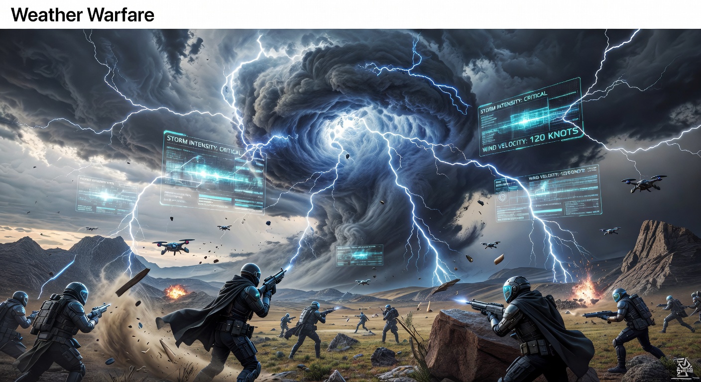 A massive storm engulfs players in an open-world PvP battle, lightning cracking across darkened skies while warriors clash below